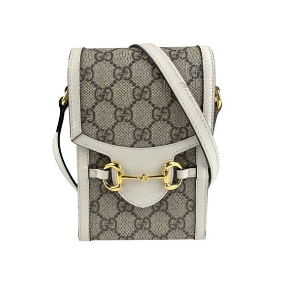GUCCI Shoulder Bag Horsebit GG Supreme Canvas White x Brown Women's 625615 z5842 - Picture 1 of 5